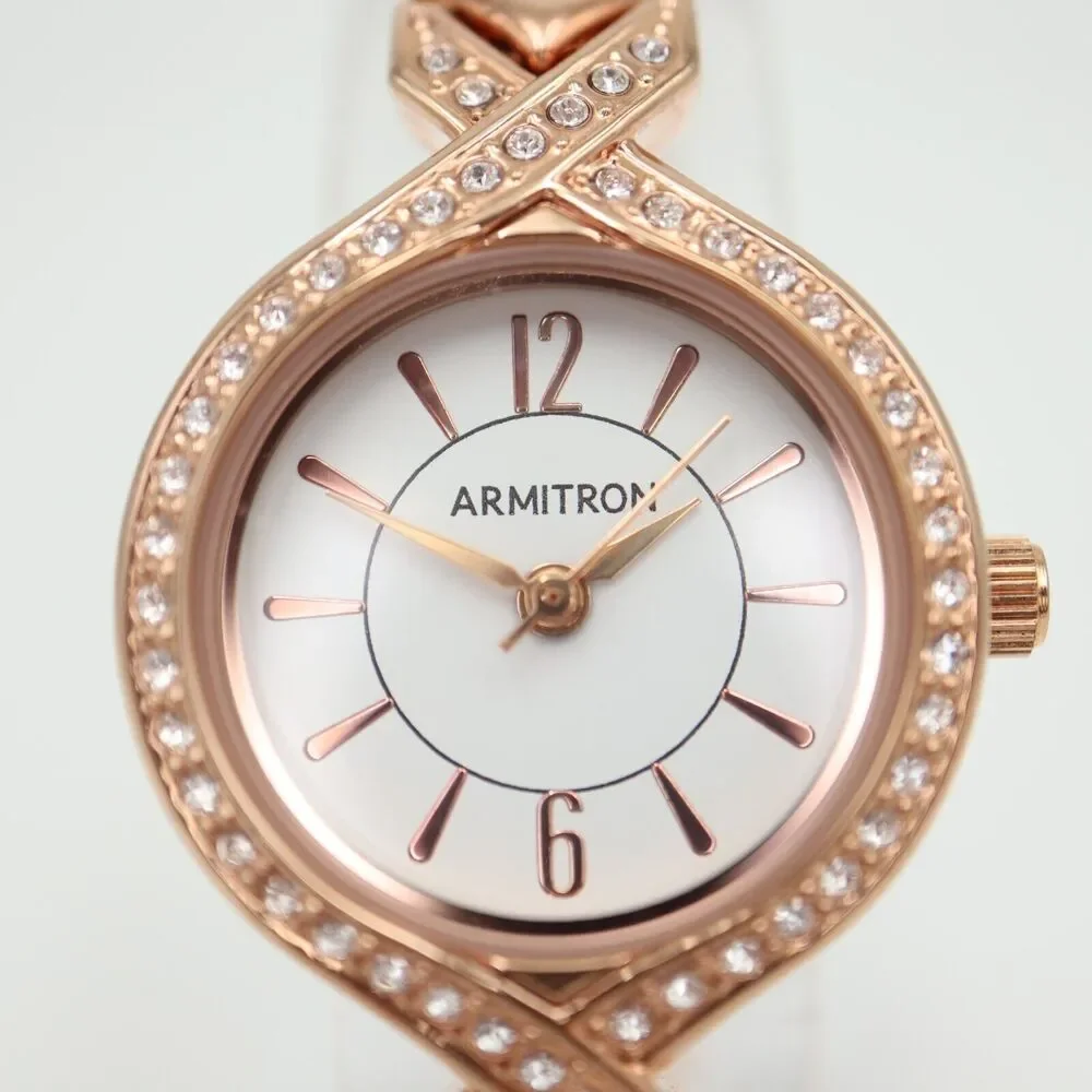 Armitron Womens Rose Gold Tone Watch 24mm Jewel Bezel Bracelet w New Battery